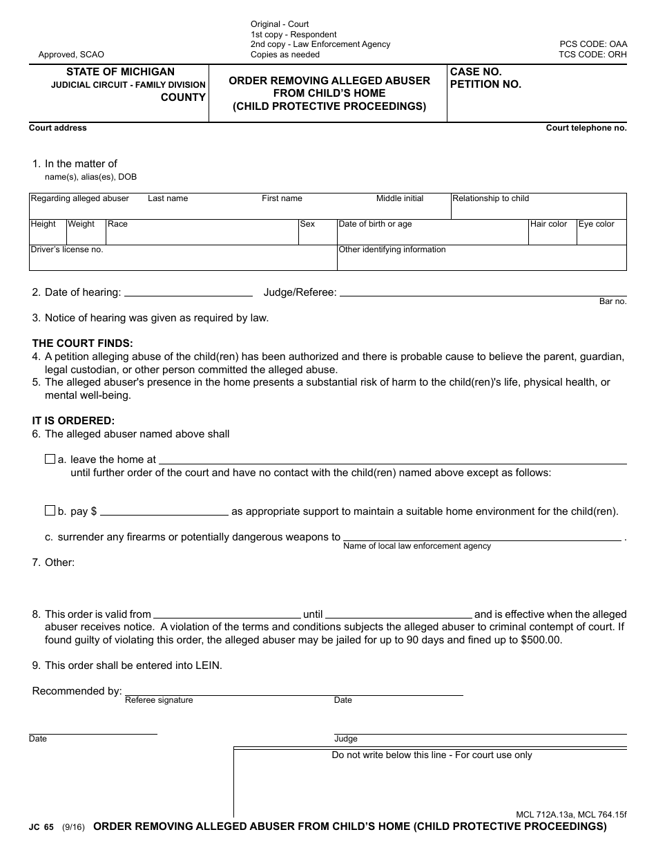 Form JC65 Order Removing Alleged Abuser From Childs Home (Child Protective Proceedings) - Michigan, Page 1