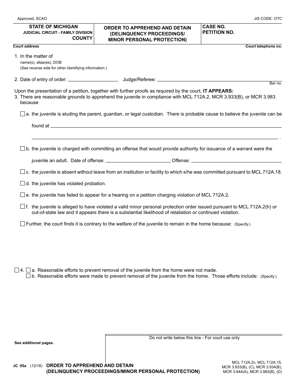 Form JC05A Order to Apprehend and Detain (Delinquency Proceedings / Minor Personal Protection) - Michigan, Page 1