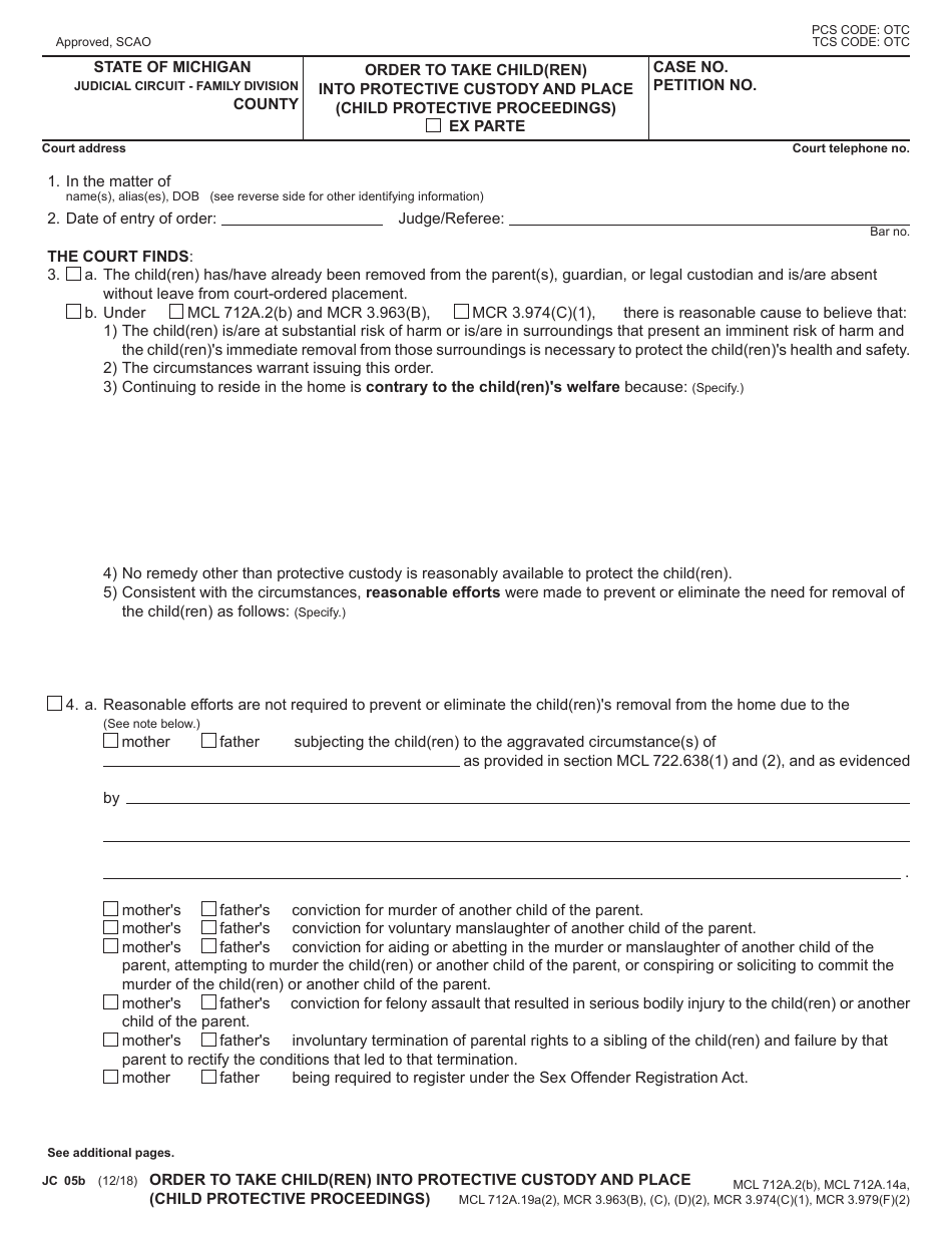 Form JC05B Order to Take Child(Ren) Into Protective Custody and Place (Child Protective Proceedings) - Michigan, Page 1