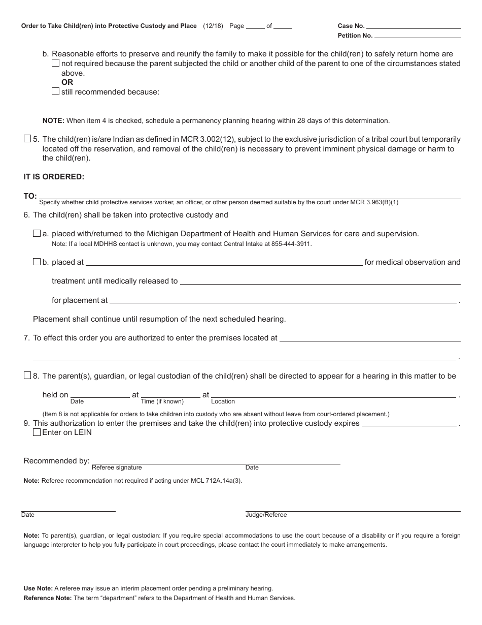 Form JC05B Order to Take Child(Ren) Into Protective Custody and Place (Child Protective Proceedings) - Michigan, Page 2