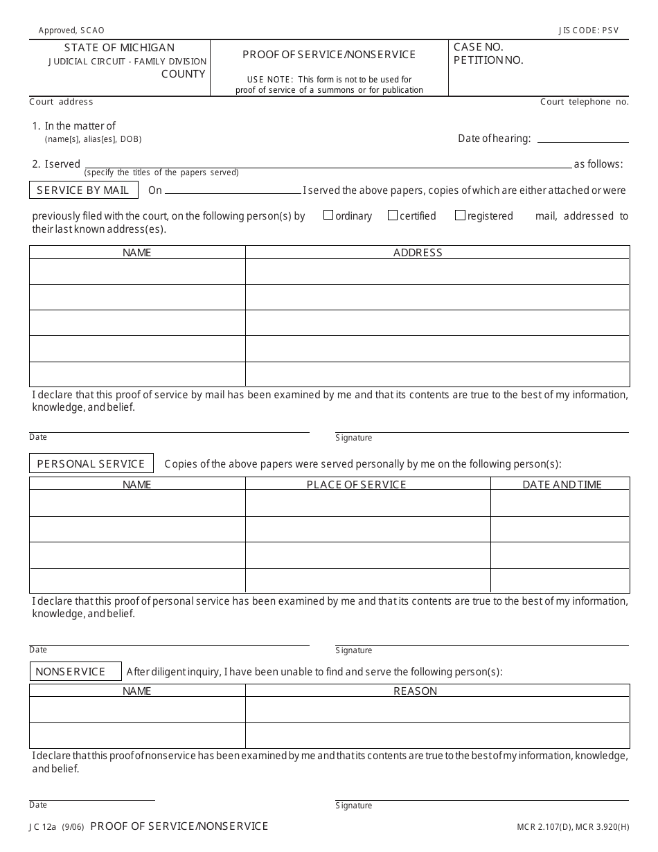 Form JC12A Proof of Service / Nonservice - Michigan, Page 1