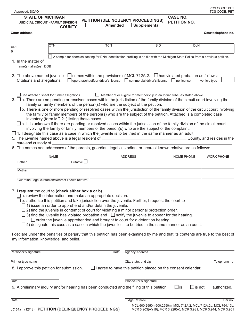 Form JC04A - Fill Out, Sign Online and Download Fillable PDF, Michigan ...