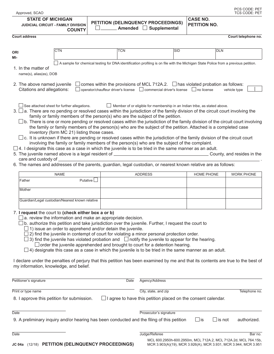 Form JC04A Petition (Delinquency Proceedings) - Michigan, Page 1