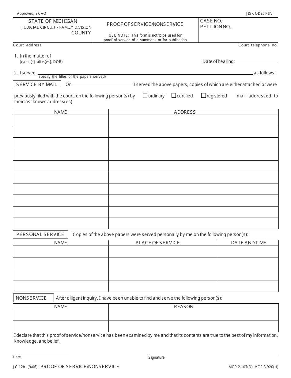 Form JC12B Proof of Service / Nonservice - Michigan, Page 1