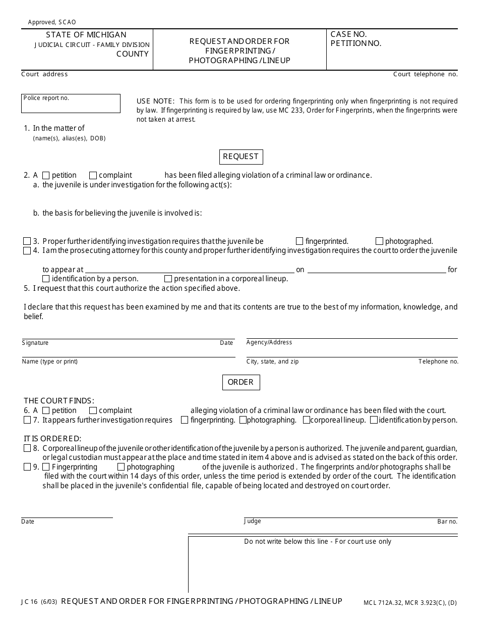 Form JC16 Request and Order for Fingerprinting / Photographing / Lineup - Michigan, Page 1