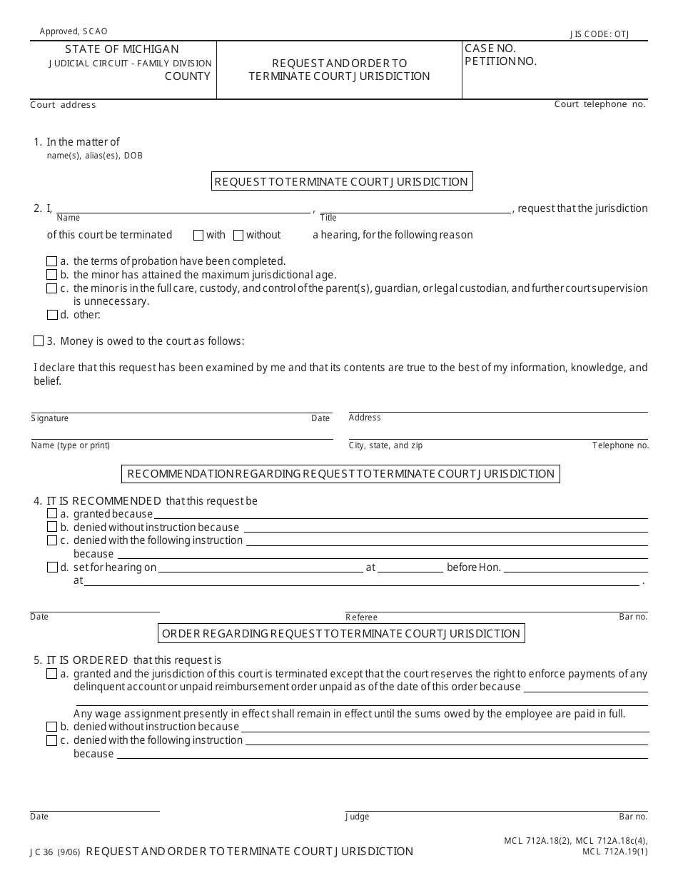 Form JC36 Request and Order to Terminate Court Jurisdiction - Michigan, Page 1