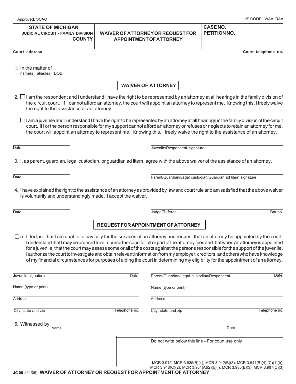 Form JC06 Waiver of Attorney or Request for Appointment of Attorney - Michigan, Page 1