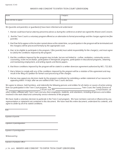 Form JC78 Waiver and Consent to Enter Teen Court (Diversion) - Michigan