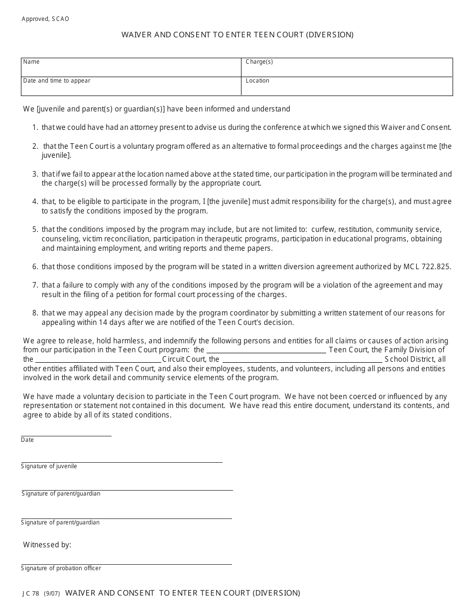 Form JC78 Waiver and Consent to Enter Teen Court (Diversion) - Michigan, Page 1