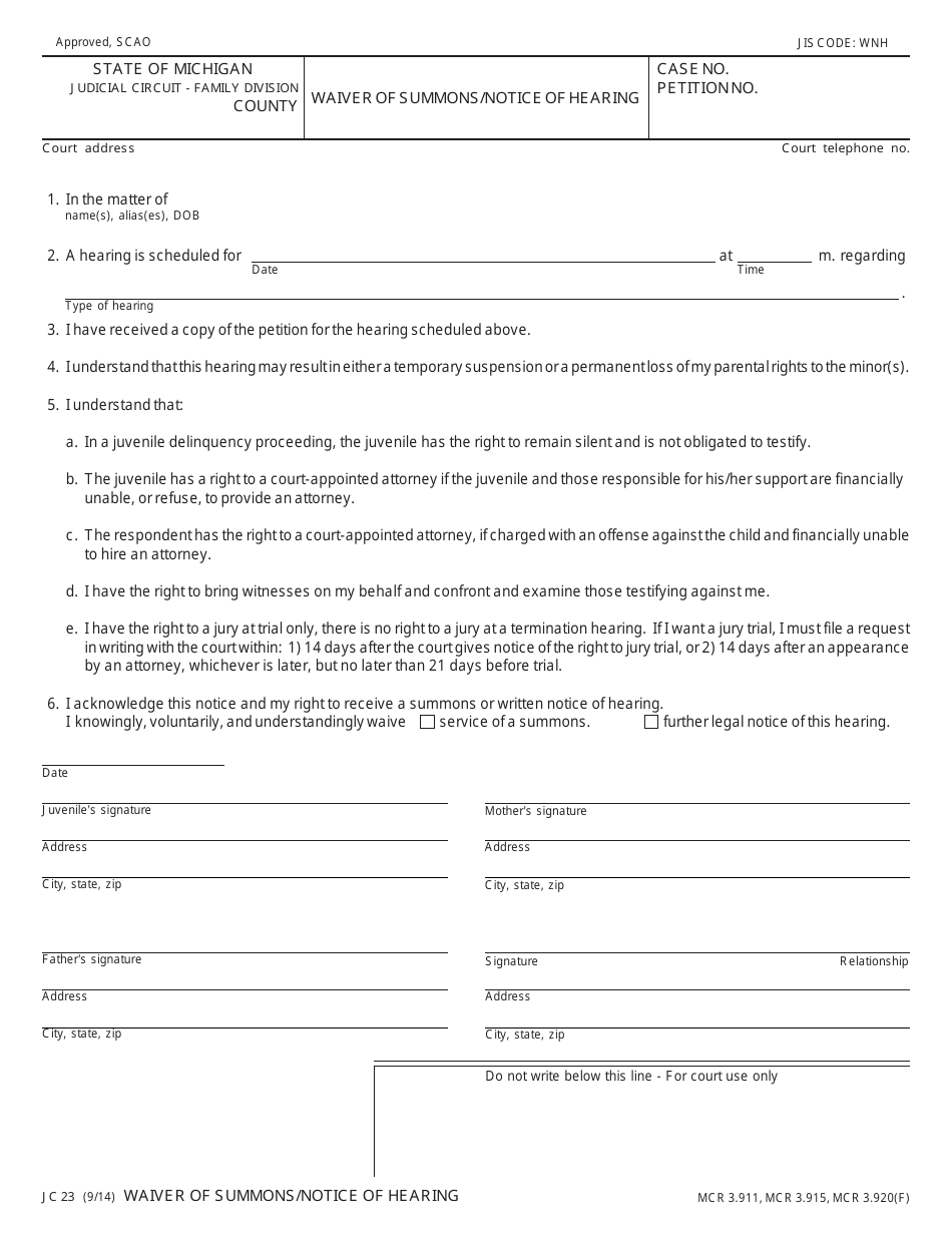 Form JC23 Waiver of Summons / Notice of Hearing - Michigan, Page 1