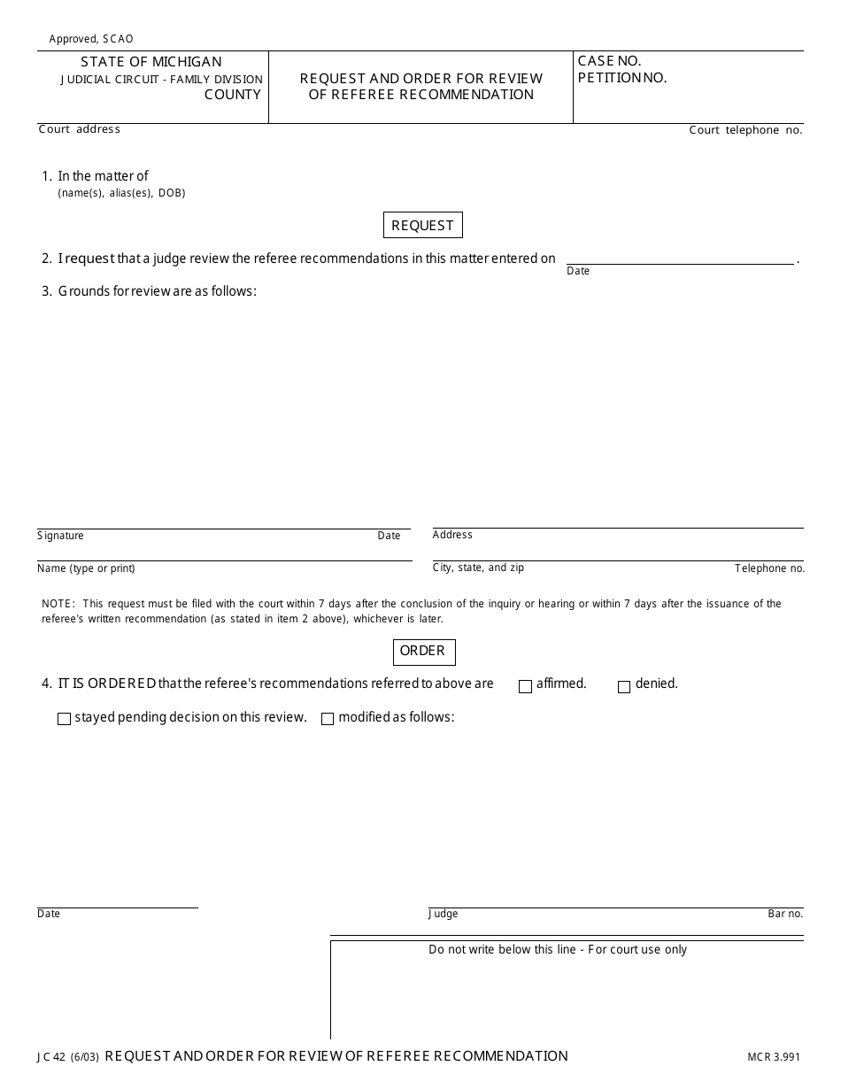 Form JC42 Request and Order for Review of Referee Recommendation - Michigan, Page 1