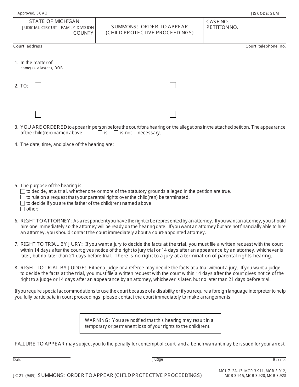 Form JC21 Summons: Order to Appear (Child Protective Proceedings) - Michigan, Page 1