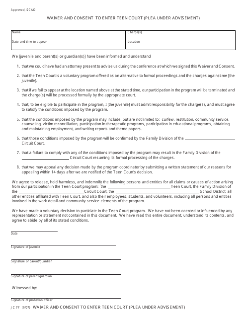 Form JC77 Waiver and Consent to Enter Teen Court (Plea Under Advisement) - Michigan