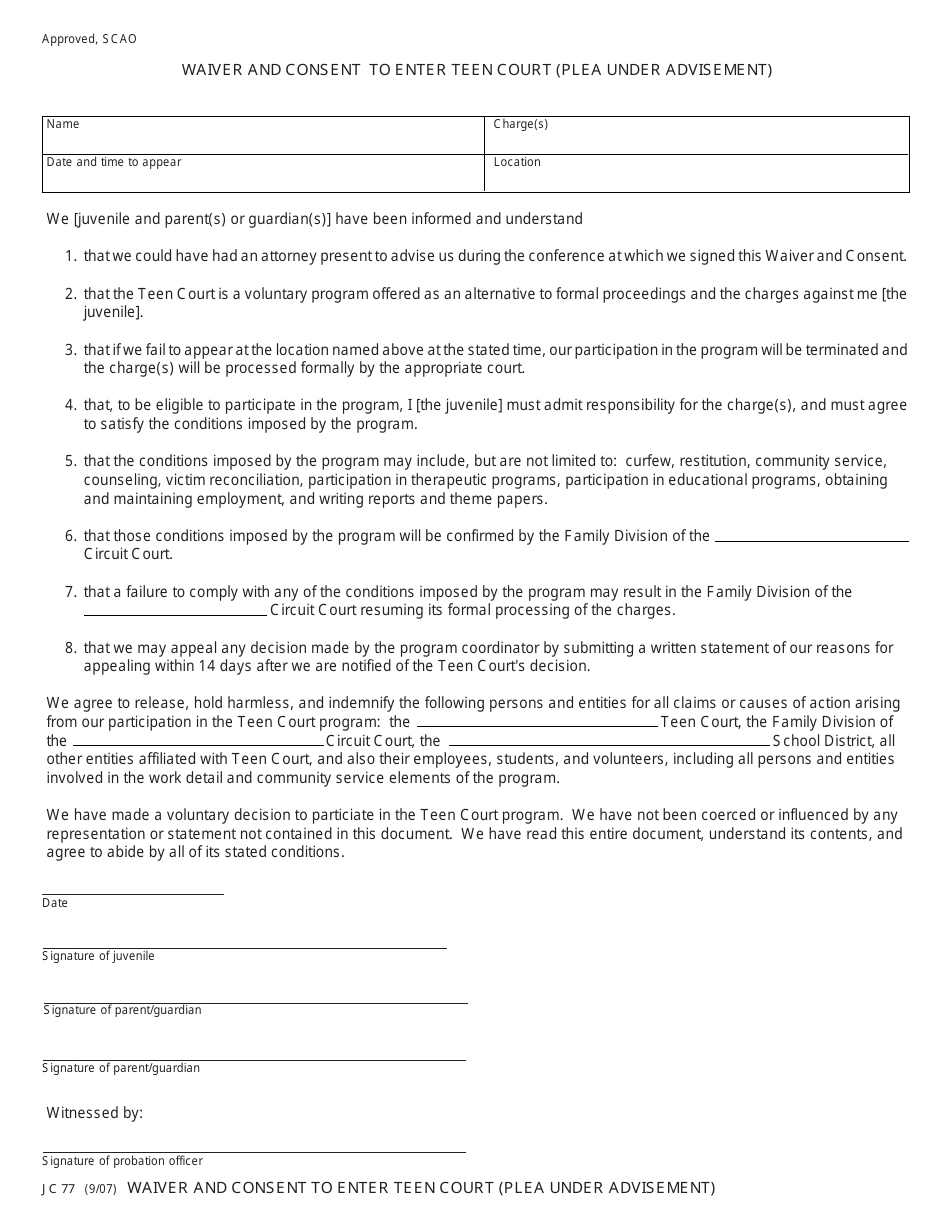 Form JC77 Waiver and Consent to Enter Teen Court (Plea Under Advisement) - Michigan, Page 1