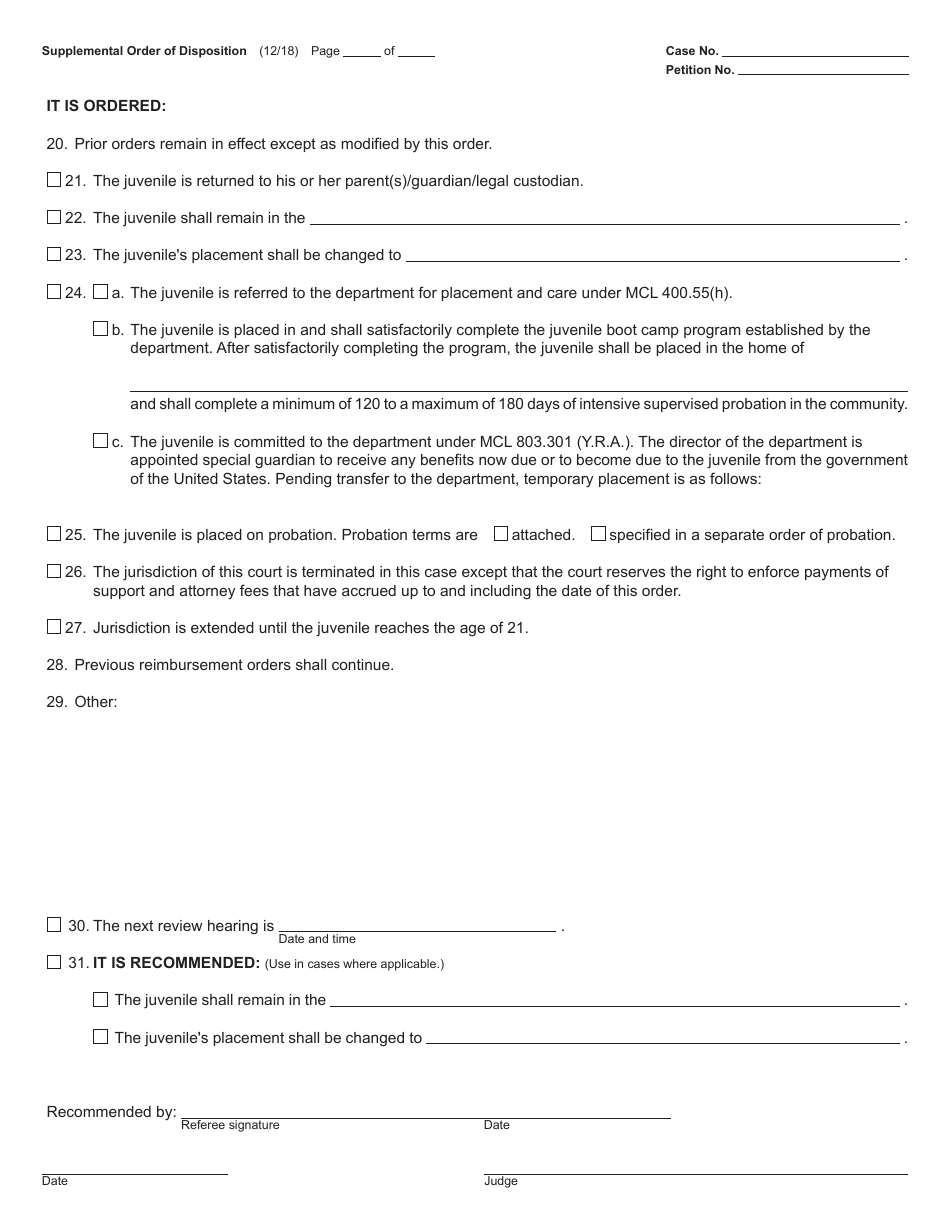 Form JC57 Supplemental Order of Disposition (Delinquency Proceedings) - Michigan, Page 3