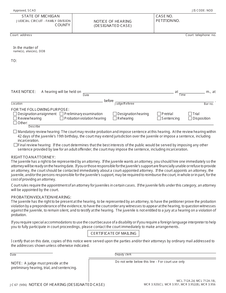 Form JC67 Notice of Hearing (Designated Case) - Michigan, Page 1