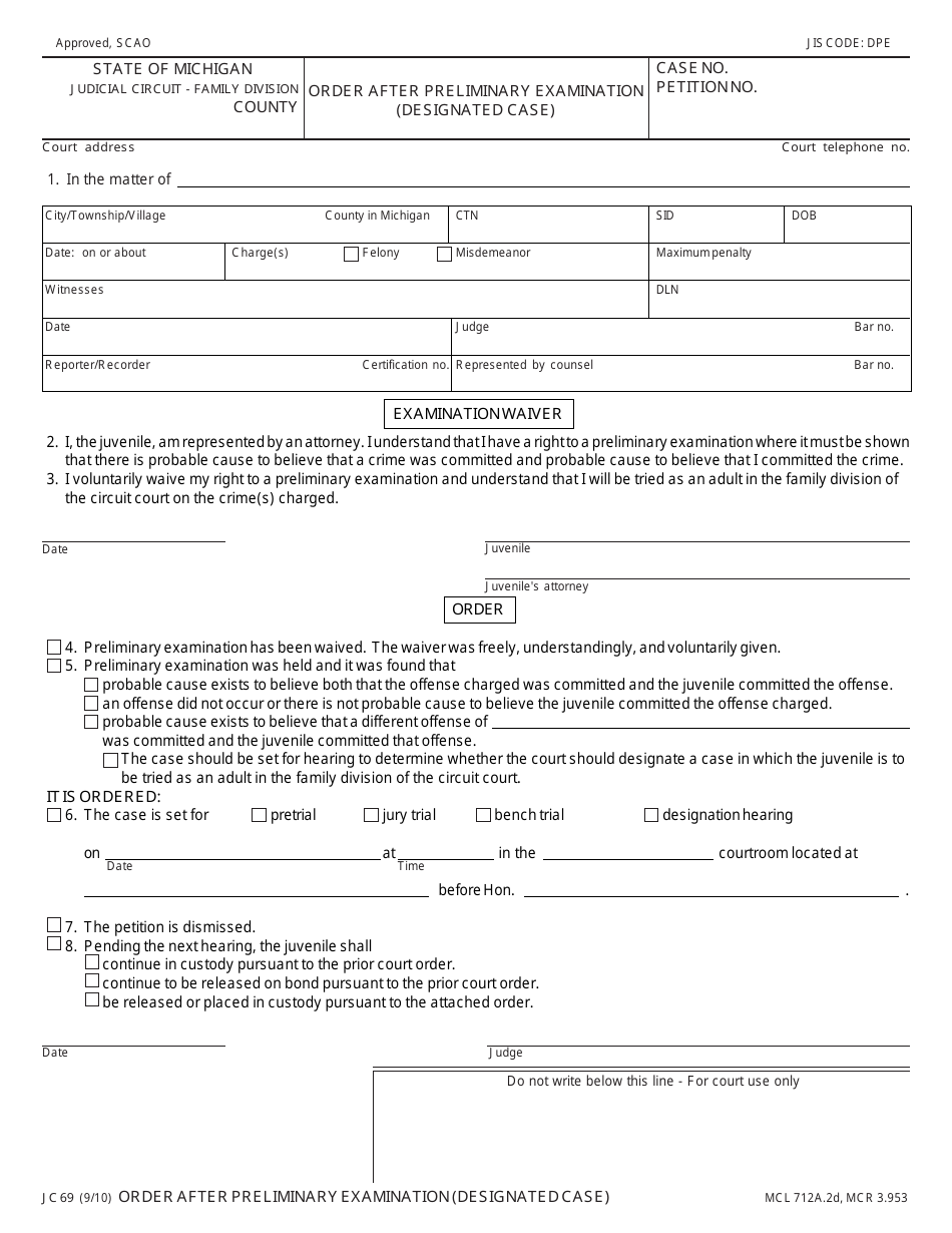 Form JC69 Order After Preliminary Examination (Designated Case) - Michigan, Page 1