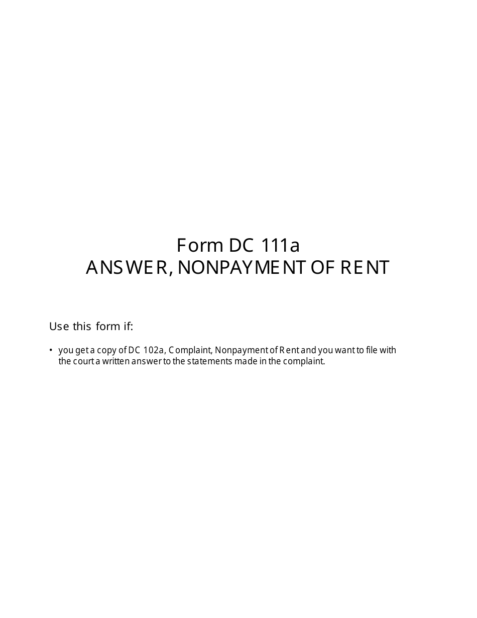 Form DC111A Answer, Nonpayment of Rent - Michigan, Page 1