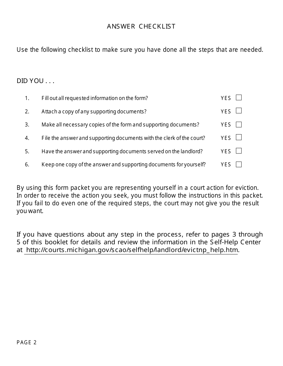 Form DC111A Answer, Nonpayment of Rent - Michigan, Page 2