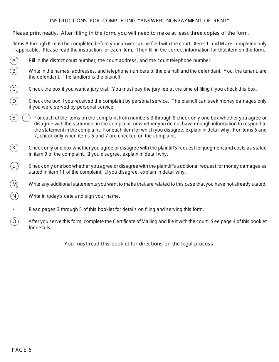 Form DC111A Answer, Nonpayment of Rent - Michigan, Page 6