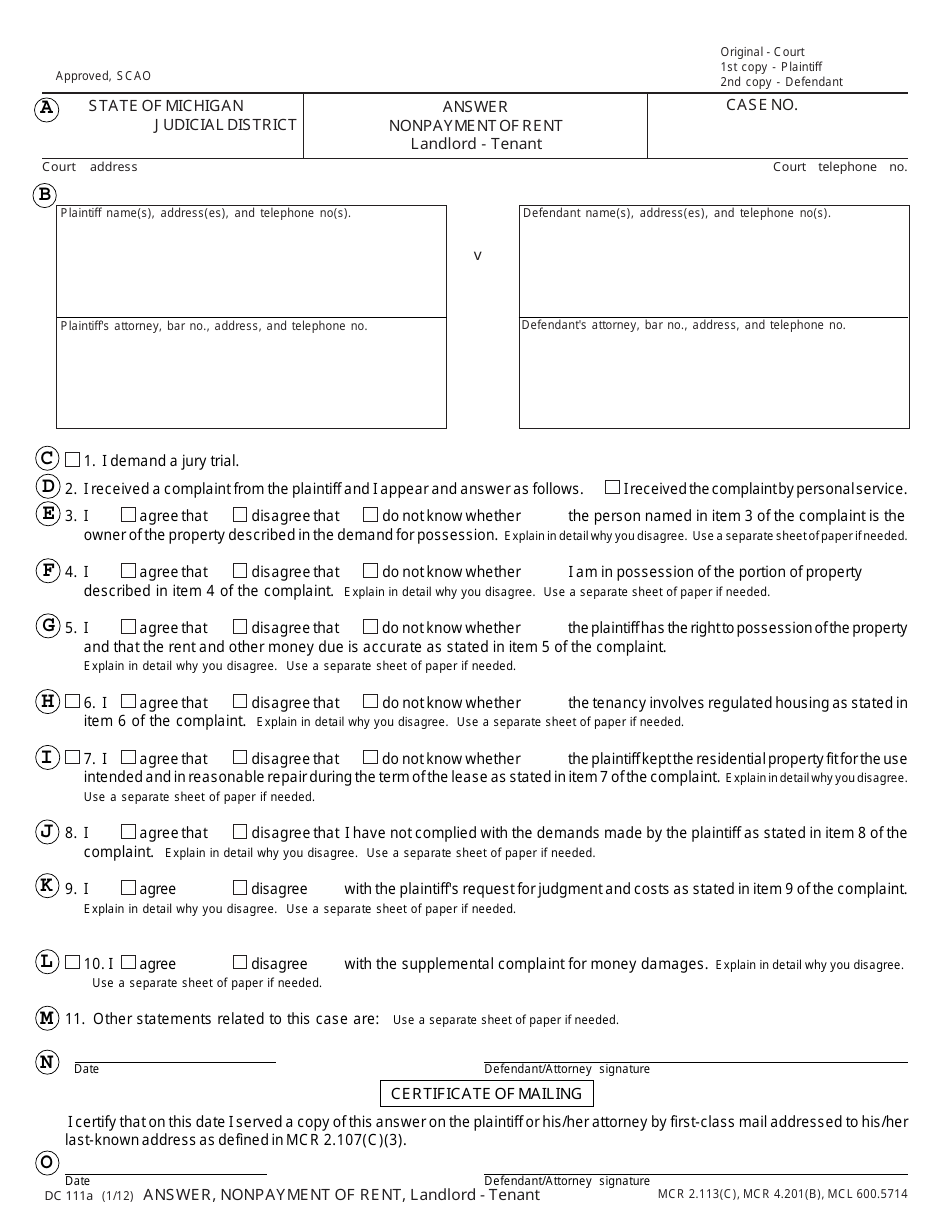 Form DC111A Answer, Nonpayment of Rent - Michigan, Page 7