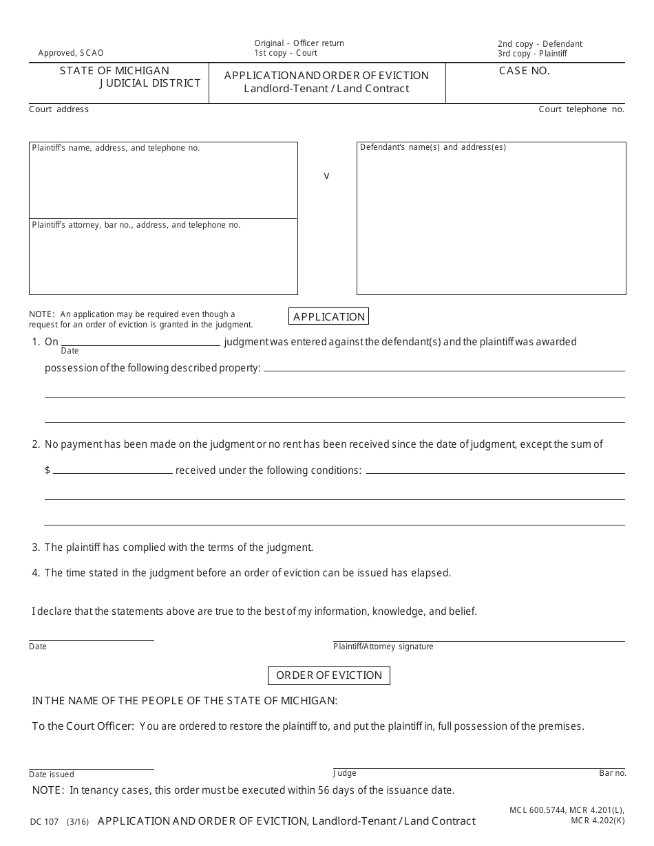 Form DC107 Application and Order of Eviction - Landlord-Tenant / Land Contract - Michigan, Page 1