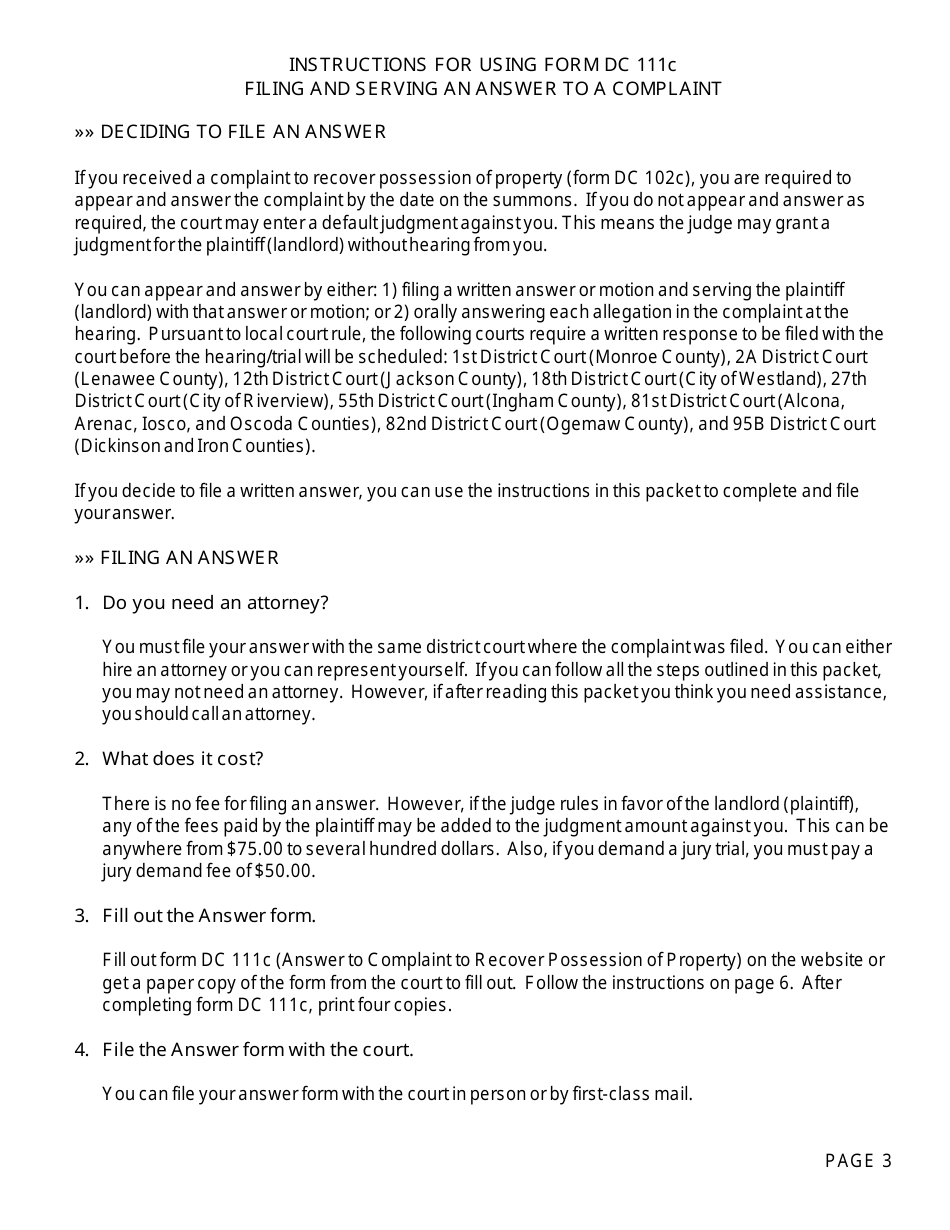 Form DC111C Answer to Complaint to Recover Possession of Property - Michigan, Page 3