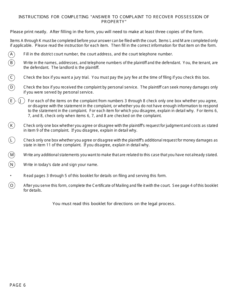 Form DC111C Answer to Complaint to Recover Possession of Property - Michigan, Page 6
