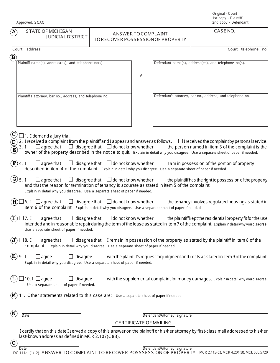 Form DC111C Answer to Complaint to Recover Possession of Property - Michigan, Page 7