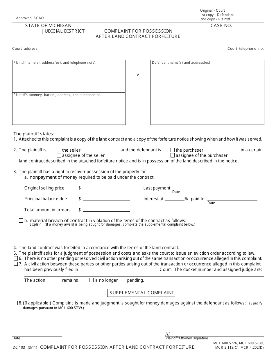 Form DC103 Complaint for Possession After Land Contract Forfeiture - Michigan, Page 1