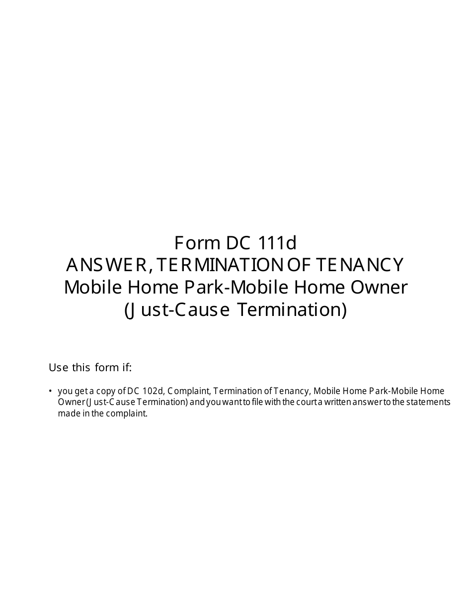 Form DC111D Answer, Termination of Tenancy - Mobile Home Park - Mobile Home Owner (Just-Cause Termination) - Michigan, Page 1
