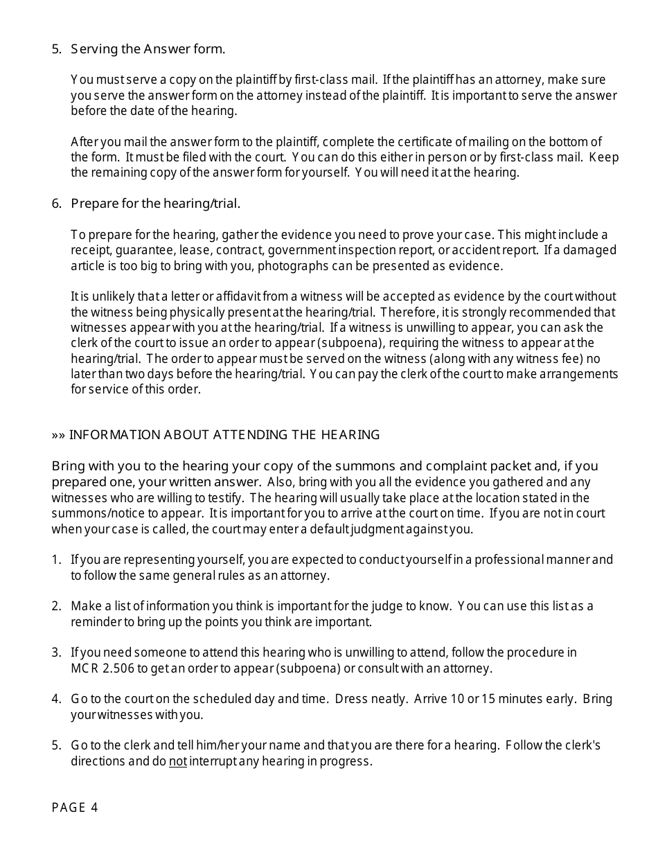 Form DC111D Answer, Termination of Tenancy - Mobile Home Park - Mobile Home Owner (Just-Cause Termination) - Michigan, Page 4