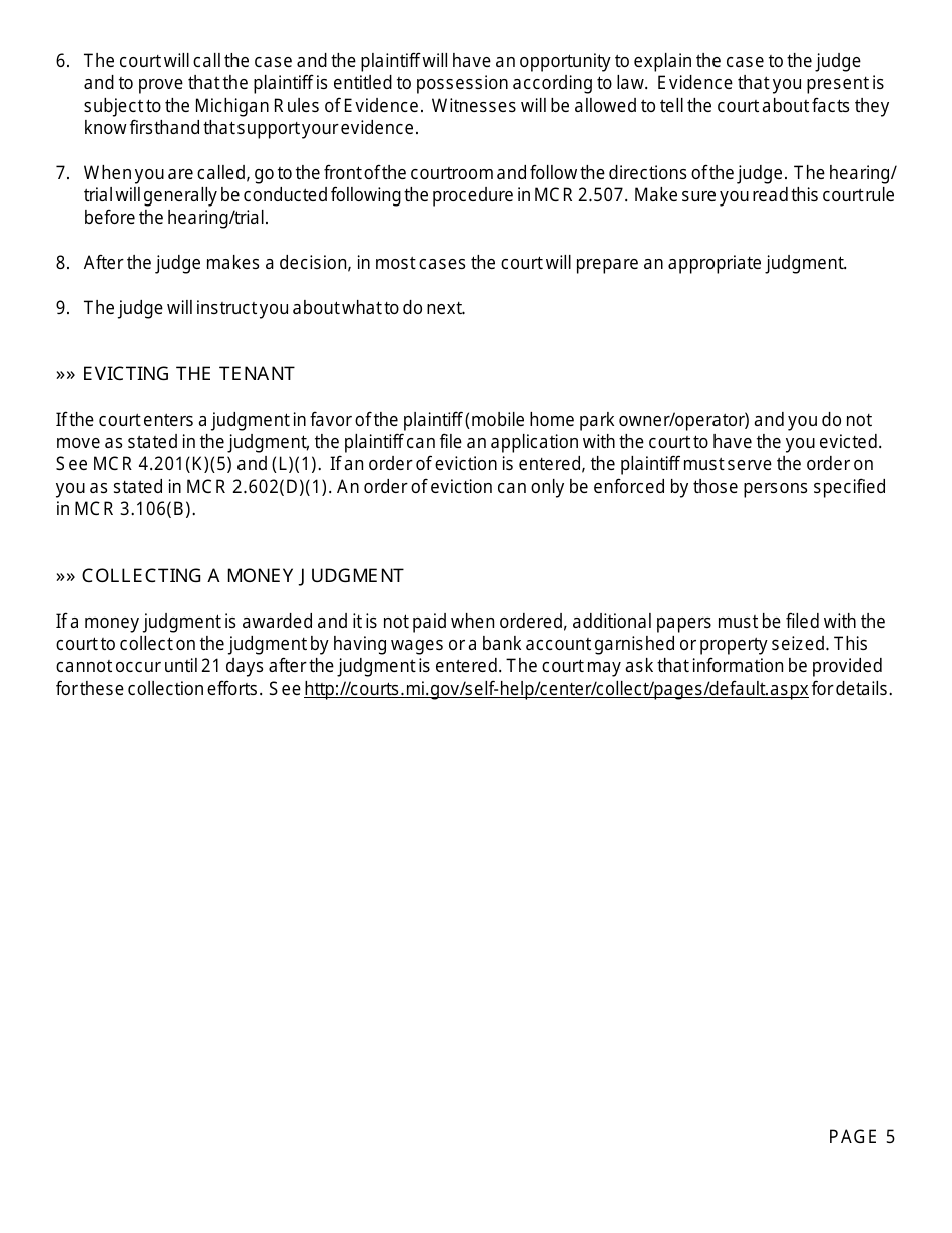 Form DC111D Answer, Termination of Tenancy - Mobile Home Park - Mobile Home Owner (Just-Cause Termination) - Michigan, Page 5