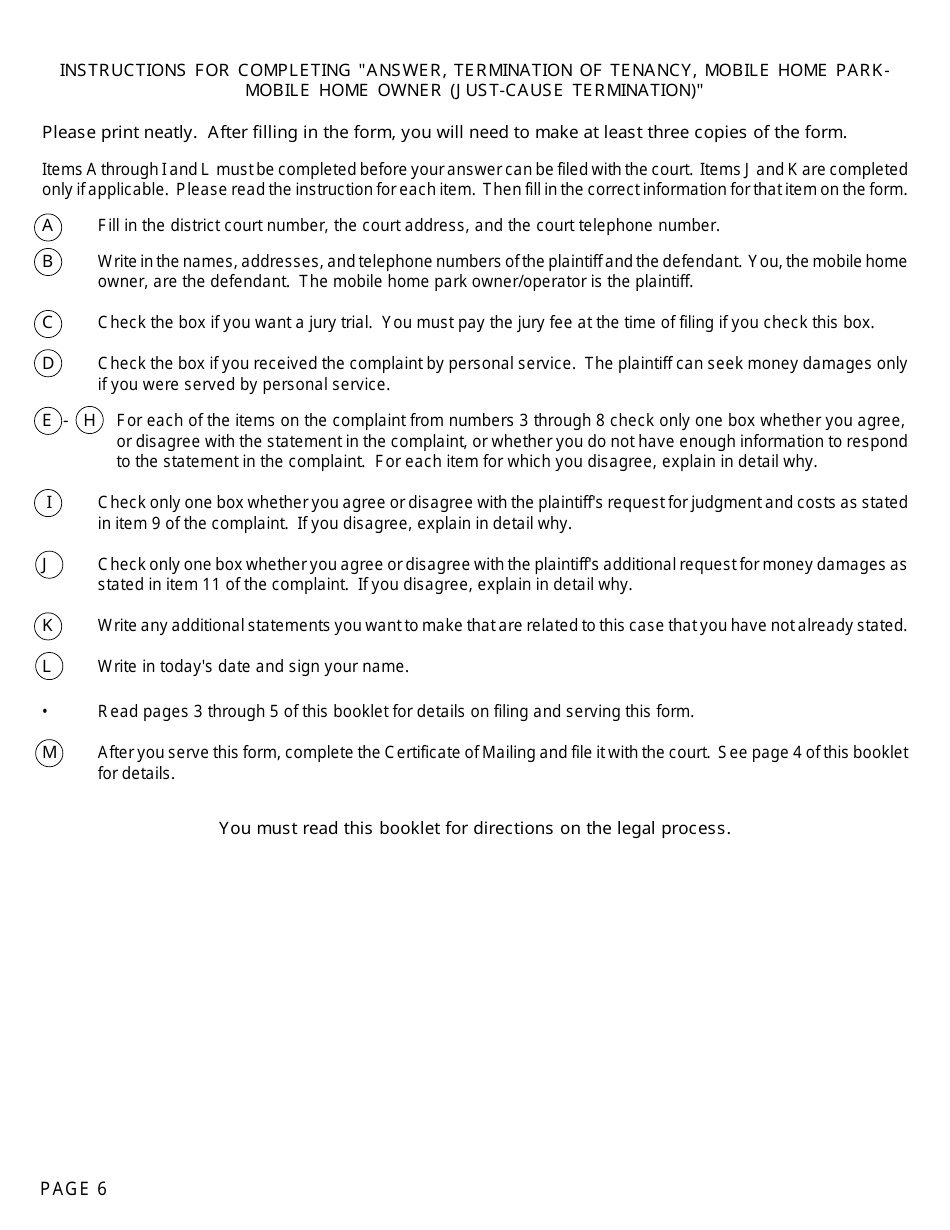 Form DC111D Answer, Termination of Tenancy - Mobile Home Park - Mobile Home Owner (Just-Cause Termination) - Michigan, Page 6