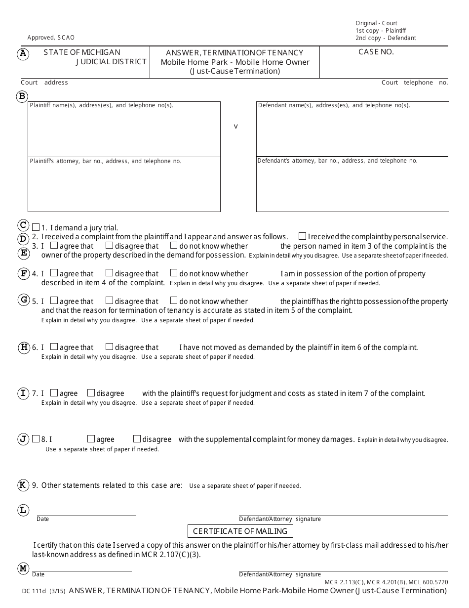 Form DC111D Answer, Termination of Tenancy - Mobile Home Park - Mobile Home Owner (Just-Cause Termination) - Michigan, Page 7
