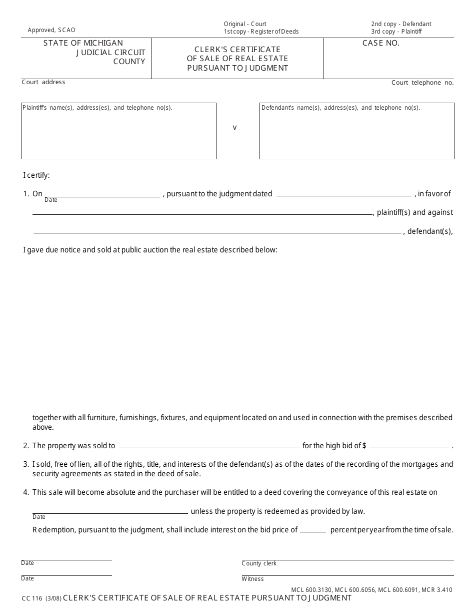 Form CC116 Clerks Certificate of Sale of Real Estate Pursuant to Judgment - Michigan, Page 1