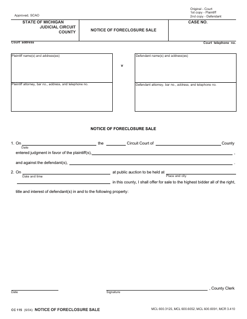Form CC115 Notice of Foreclosure Sale - Michigan