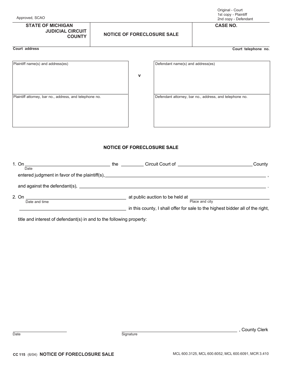 Form CC115 Notice of Foreclosure Sale - Michigan, Page 1