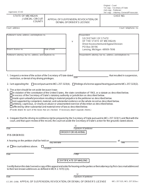 Form CC295  Printable Pdf