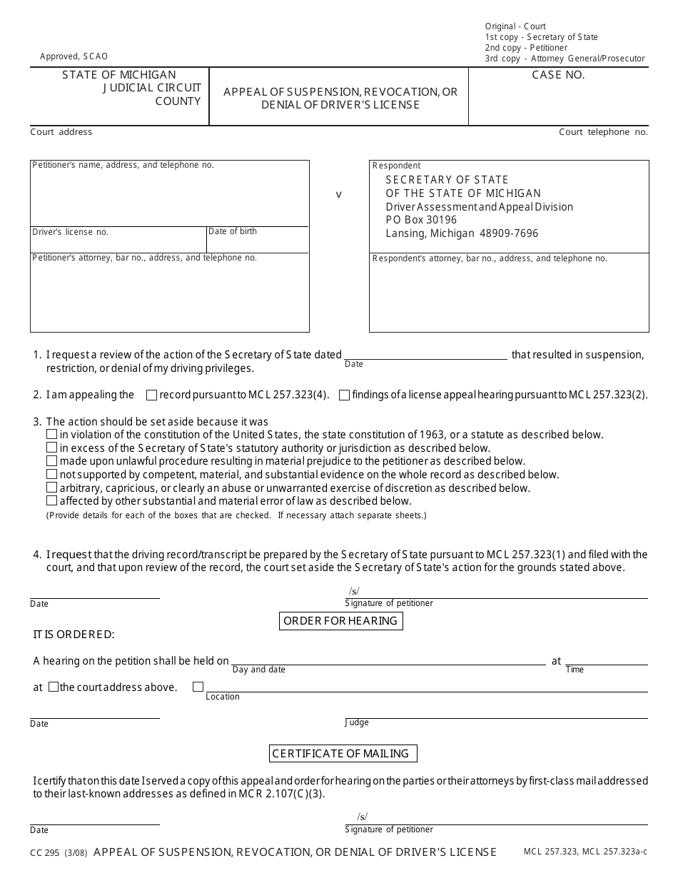 Form CC295 Appeal of Suspension, Revocation, or Denial of Drivers License - Michigan, Page 1