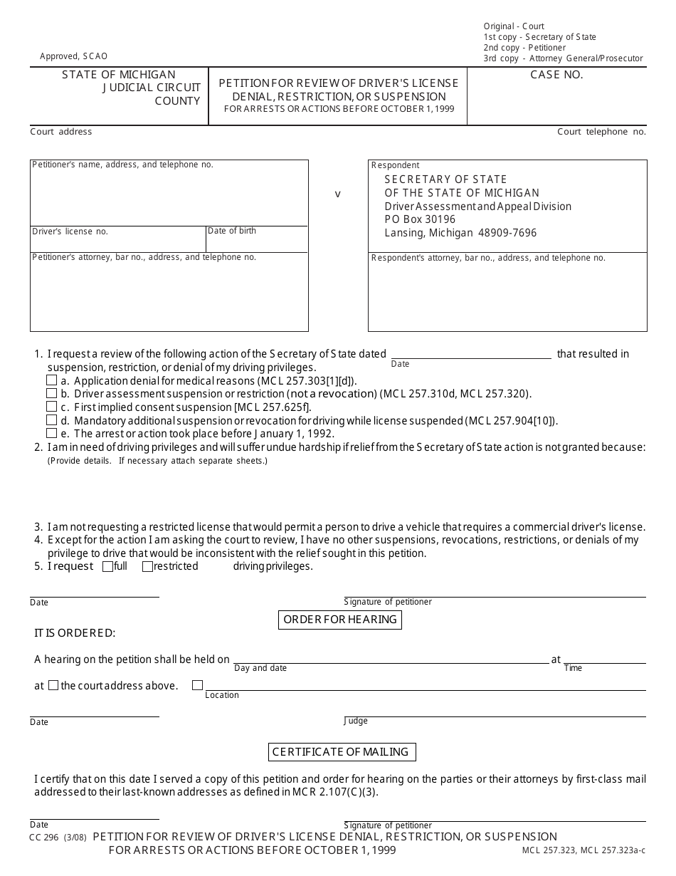 Form CC296 Petition for Review of Drivers License Denial, Restriction, or Suspension. for Arrests or Actions Before October 1, 1999 - Michigan, Page 1