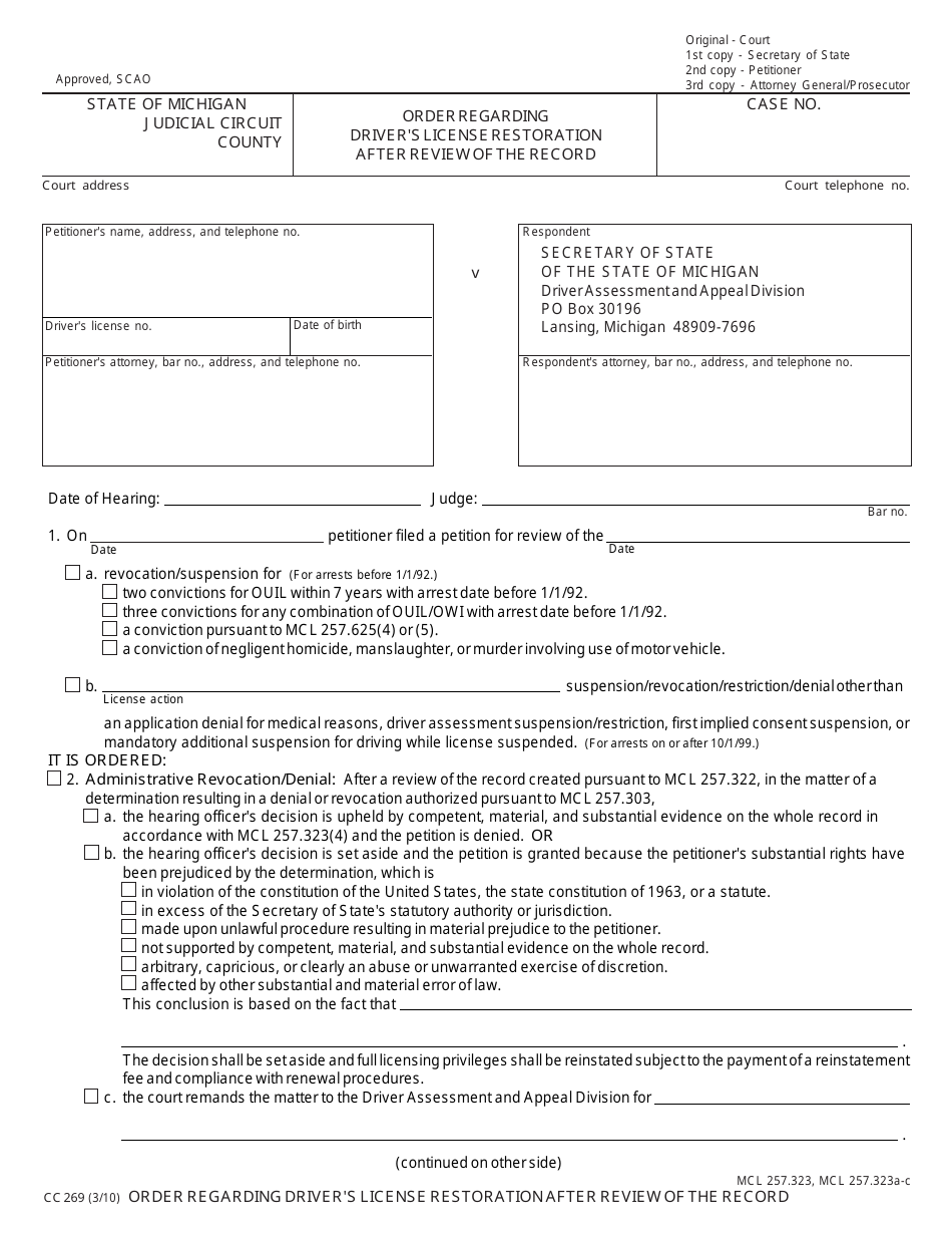 Form CC269 Order Regarding Drivers License Restoration After Review of the Record - Michigan, Page 1
