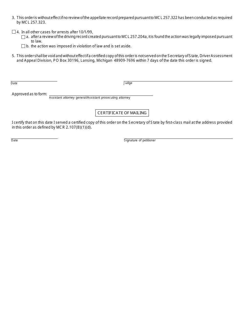 Form CC269 Order Regarding Drivers License Restoration After Review of the Record - Michigan, Page 2