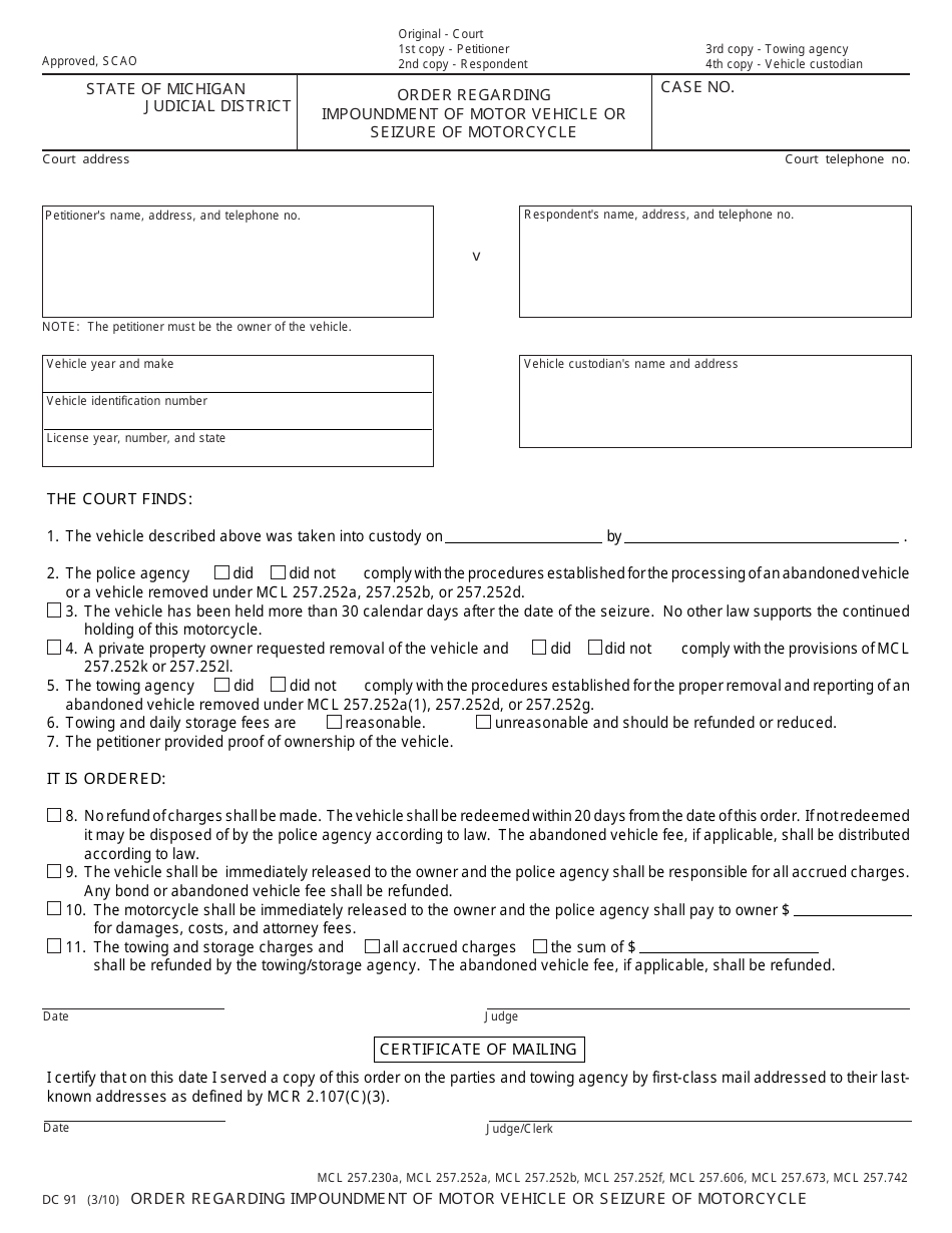 Form DC91 Order Regarding Impoundment of Motor Vehicle or Seizure of Motorcycle - Michigan, Page 1