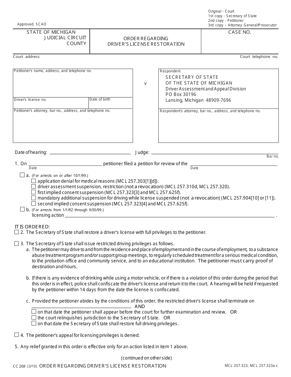 Form CC268 Order Regarding Drivers License Restoration - Michigan, Page 1