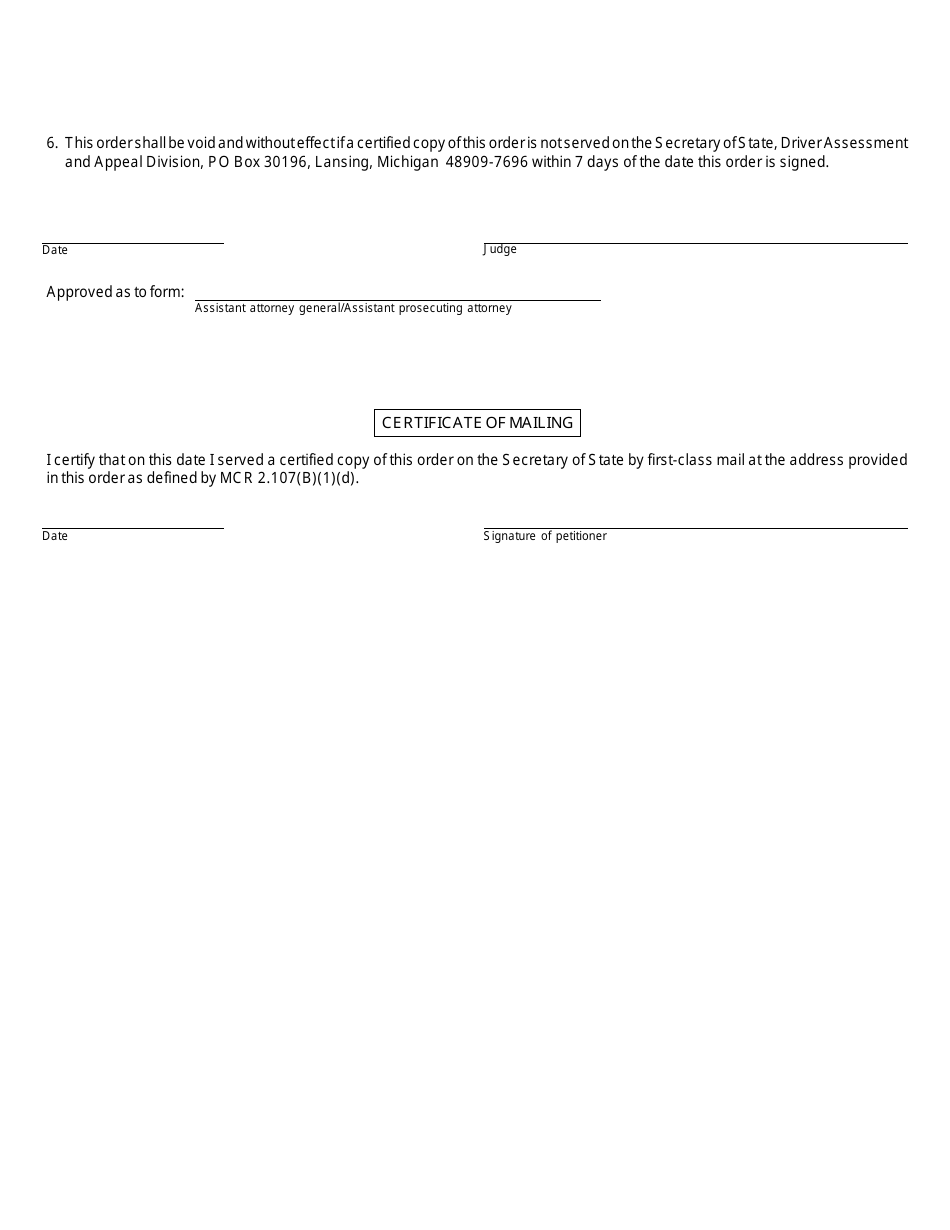 Form CC268 Order Regarding Drivers License Restoration - Michigan, Page 2