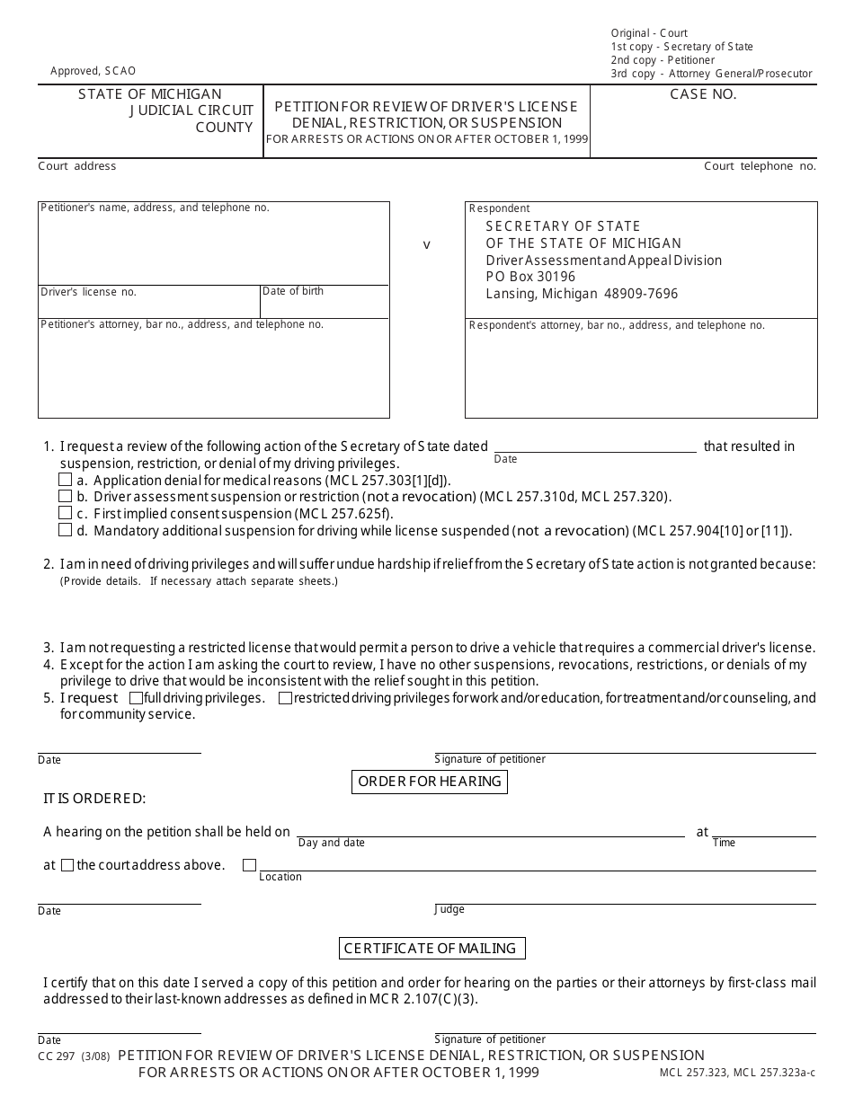 Form CC297 Petition for Review of Drivers License Denial, Restriction, or Suspension - Michigan, Page 1