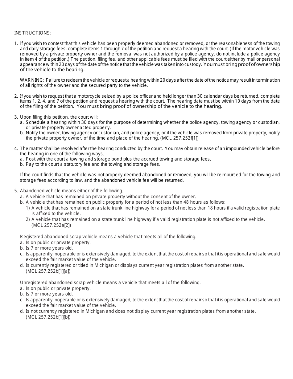 Form DC90 Petition Regarding Impoundment of Motor Vehicle or Seizure of Motorcycle - Michigan, Page 2