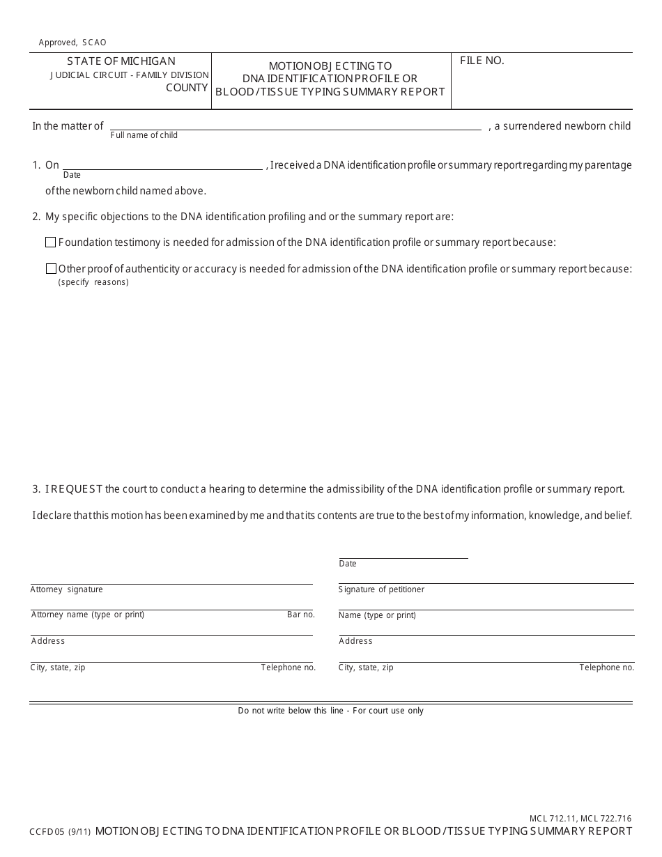 Dna Identification Form.pdf Form CCFD05 - Fill Out, Sign Online and Download Fillable PDF, Michigan ...