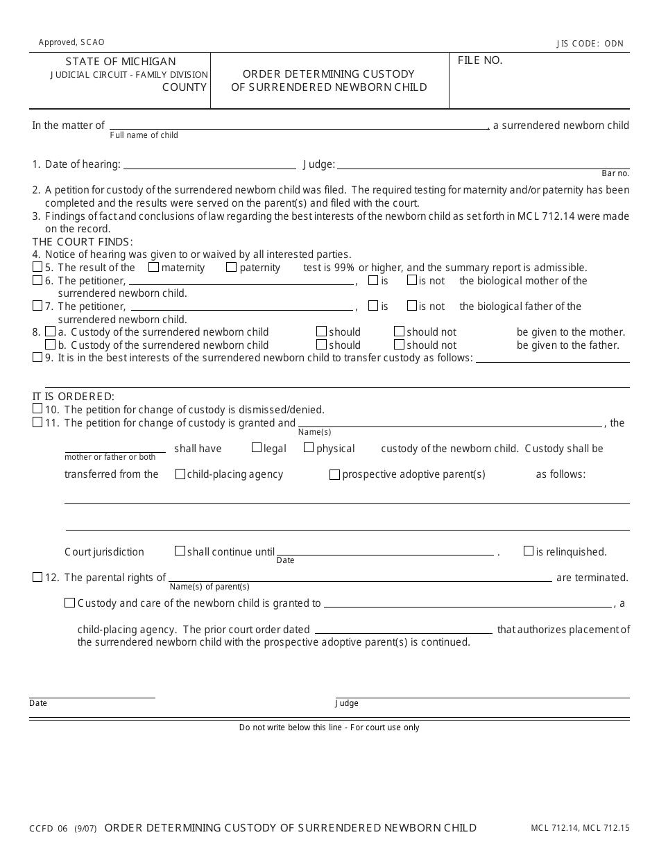 Form CCFD06 Order Determining Custody of Surrendered Newborn Child - Michigan, Page 1